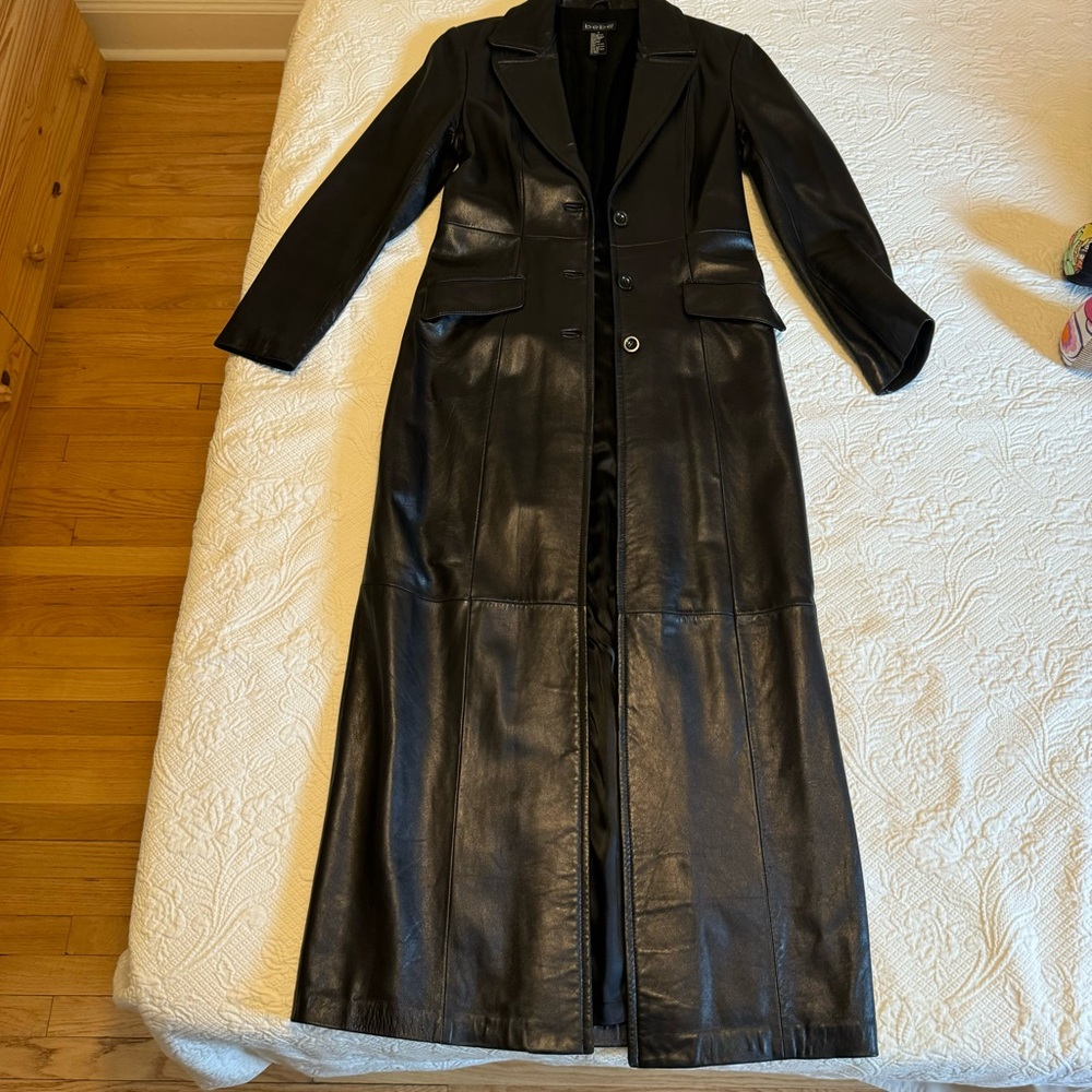 Bebe S 100% black genuine leather black long coat with adjustable vent in back